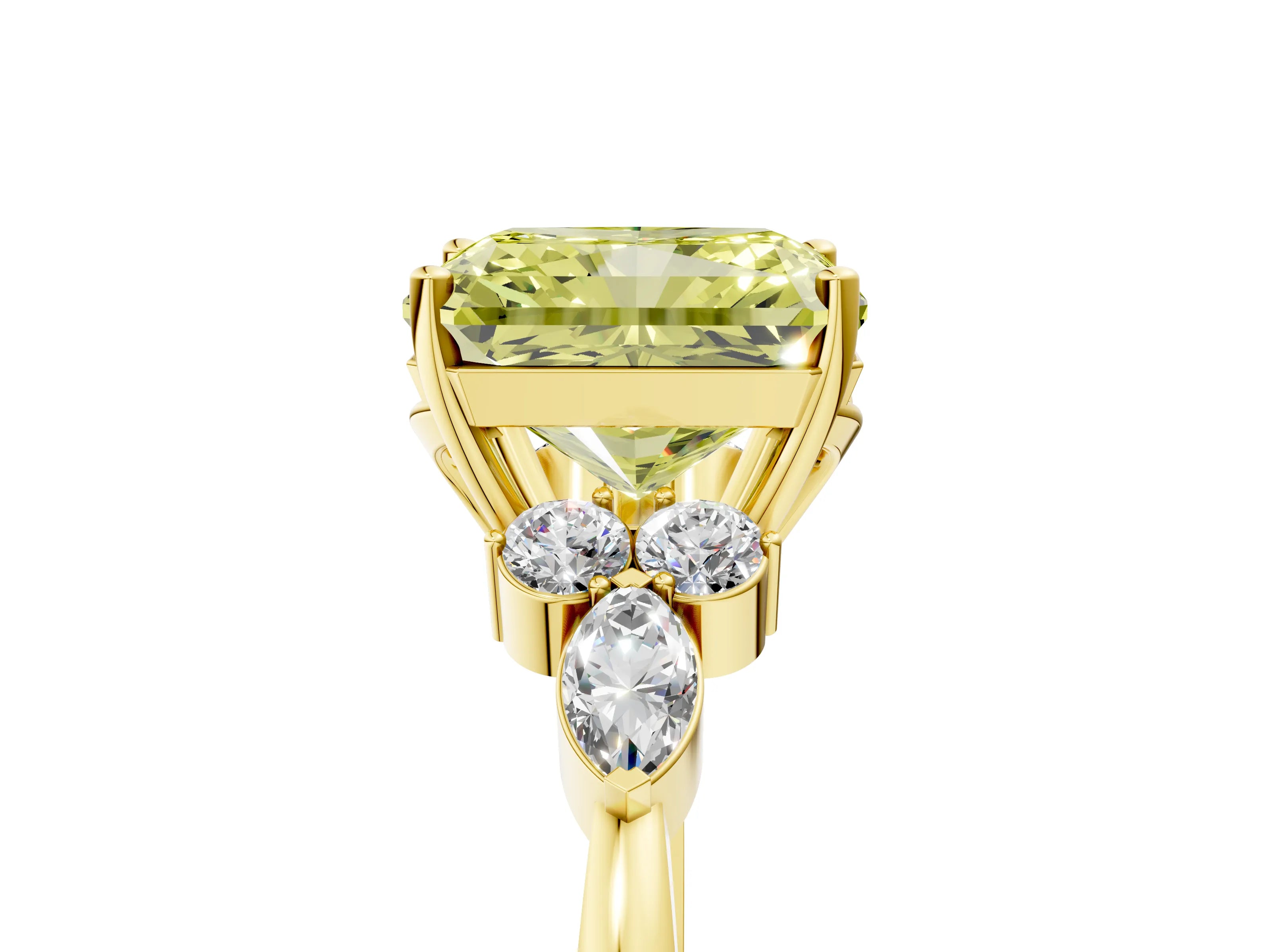 Yellow gold Fancy Yellow Radiant Cut Brilliant Diamond Solitaire Ring with Pear Side Stones and Four-Prong Setting_8