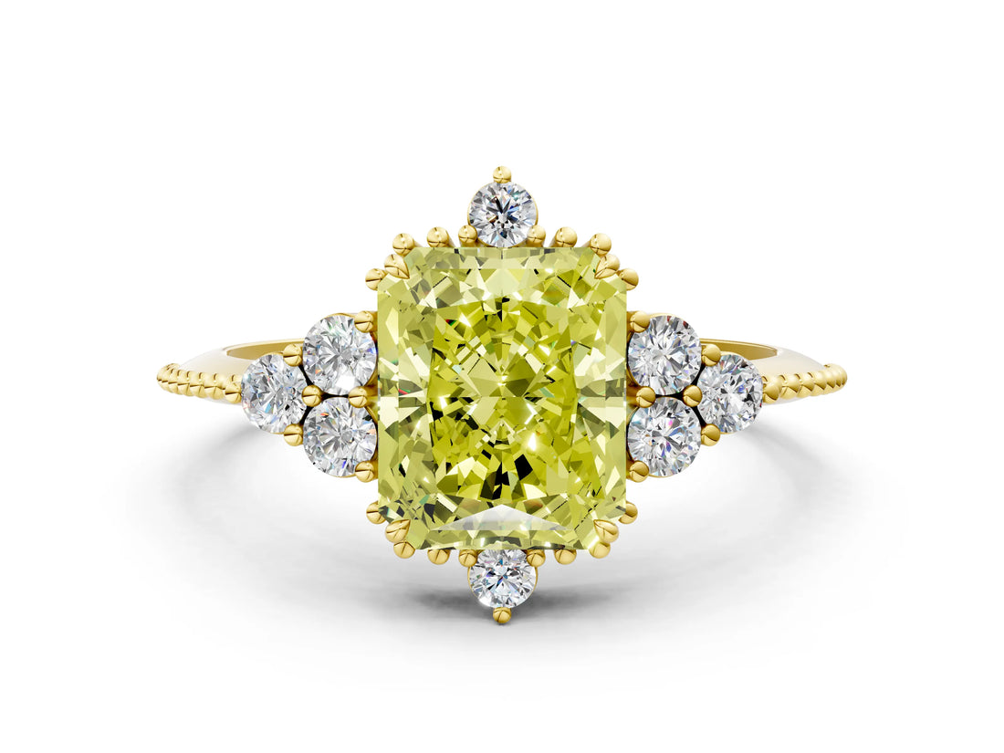 Yellow gold Fancy Yellow Radiant Cut Brilliant Diamond with Cluster Setting on a Beaded Band and Four-Prong Setting