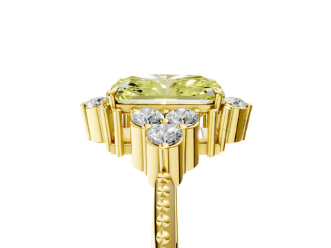 Yellow gold Fancy Yellow Radiant Cut Brilliant Diamond with Cluster Setting on a Beaded Band and Four-Prong Setting_5