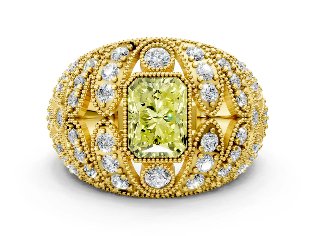 Yellow gold Fancy Yellow Radiant Cut Brilliant Halo Pave Diamond Milgrain Ring