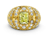 Yellow gold Fancy Yellow Radiant Cut Brilliant Halo Pave Diamond Milgrain Ring