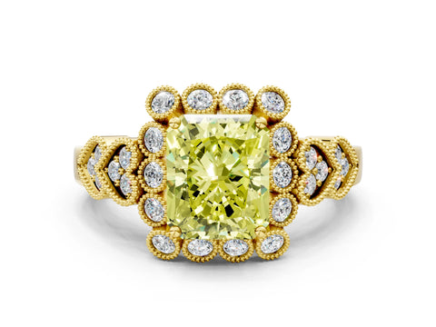 Yellow gold Fancy Yellow Radiant Cut Brilliant Milgrain Pave Heart Band Solitaire Ring