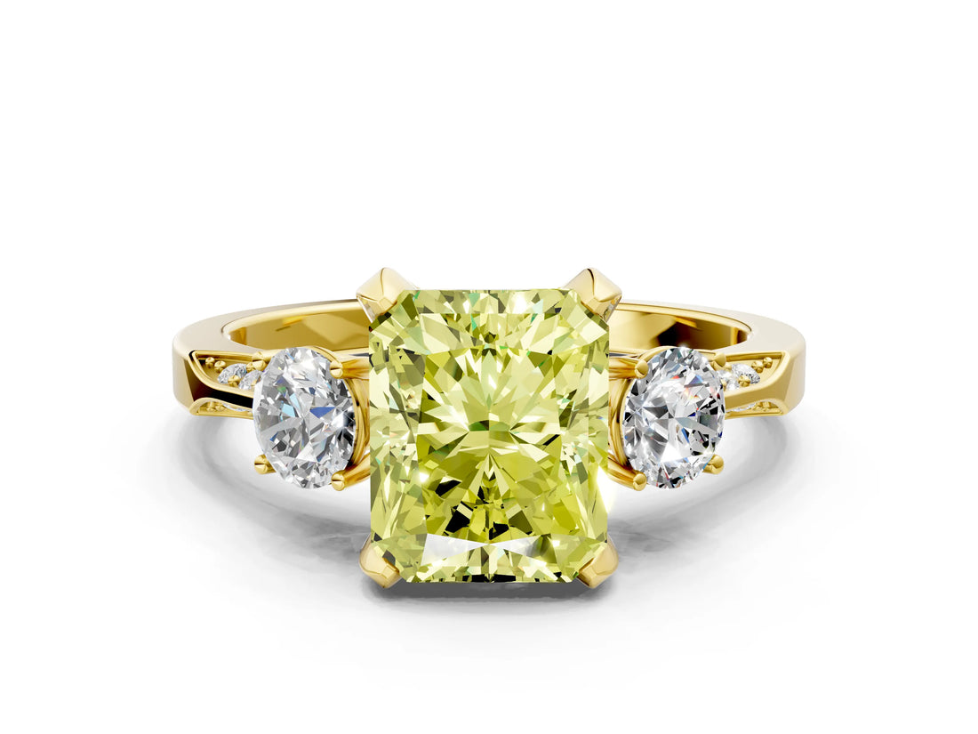 Yellow gold Fancy Yellow Radiant Cut Brilliant Three-Stone Diamond Ring with Pavé Band and Four-Prong Setting_3