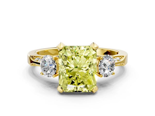 Yellow gold Fancy Yellow Radiant Cut Brilliant Three-Stone Diamond Ring with Pavé Band and Four-Prong Setting