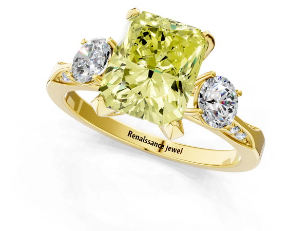 Yellow gold Fancy Yellow Radiant Cut Brilliant Three-Stone Diamond Ring with Pavé Band and Four-Prong Setting