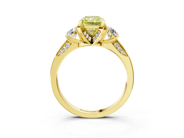 Yellow gold Fancy Yellow Radiant Cut Brilliant Three-Stone Diamond Ring with Pavé Band and Four-Prong Setting