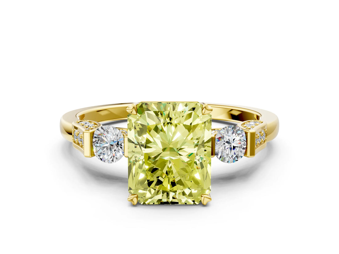 Yellow gold Fancy Yellow Radiant Cut Brilliant Three-Stone Pave Band with Four-Prong Setting