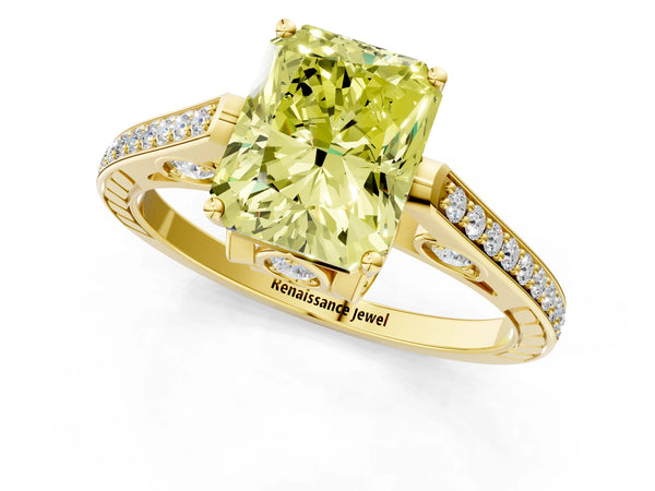 Yellow gold Fancy Yellow Radiant  Cut Cathedral Pave Diamond Engagement Ring with Six-Prong Setting