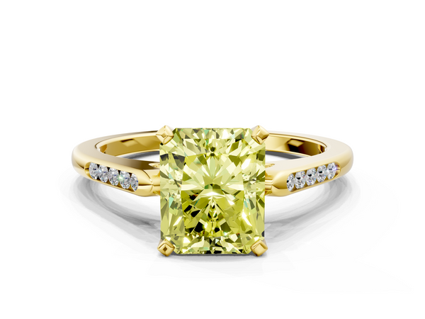 Yellow gold Fancy Yellow Radiant  Cut Channel Set Solitaire Engagement Ring with Four-Prong Setting