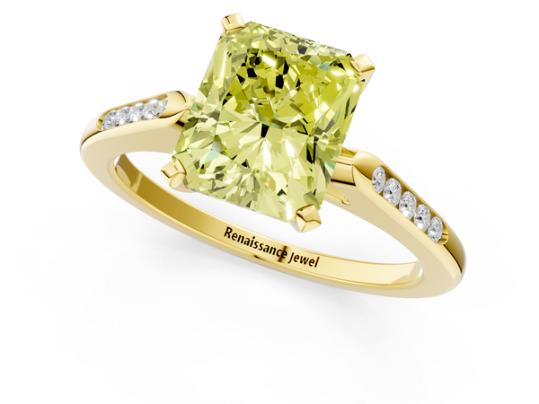 Yellow gold Fancy Yellow Radiant  Cut Channel Set Solitaire Engagement Ring with Four-Prong Setting