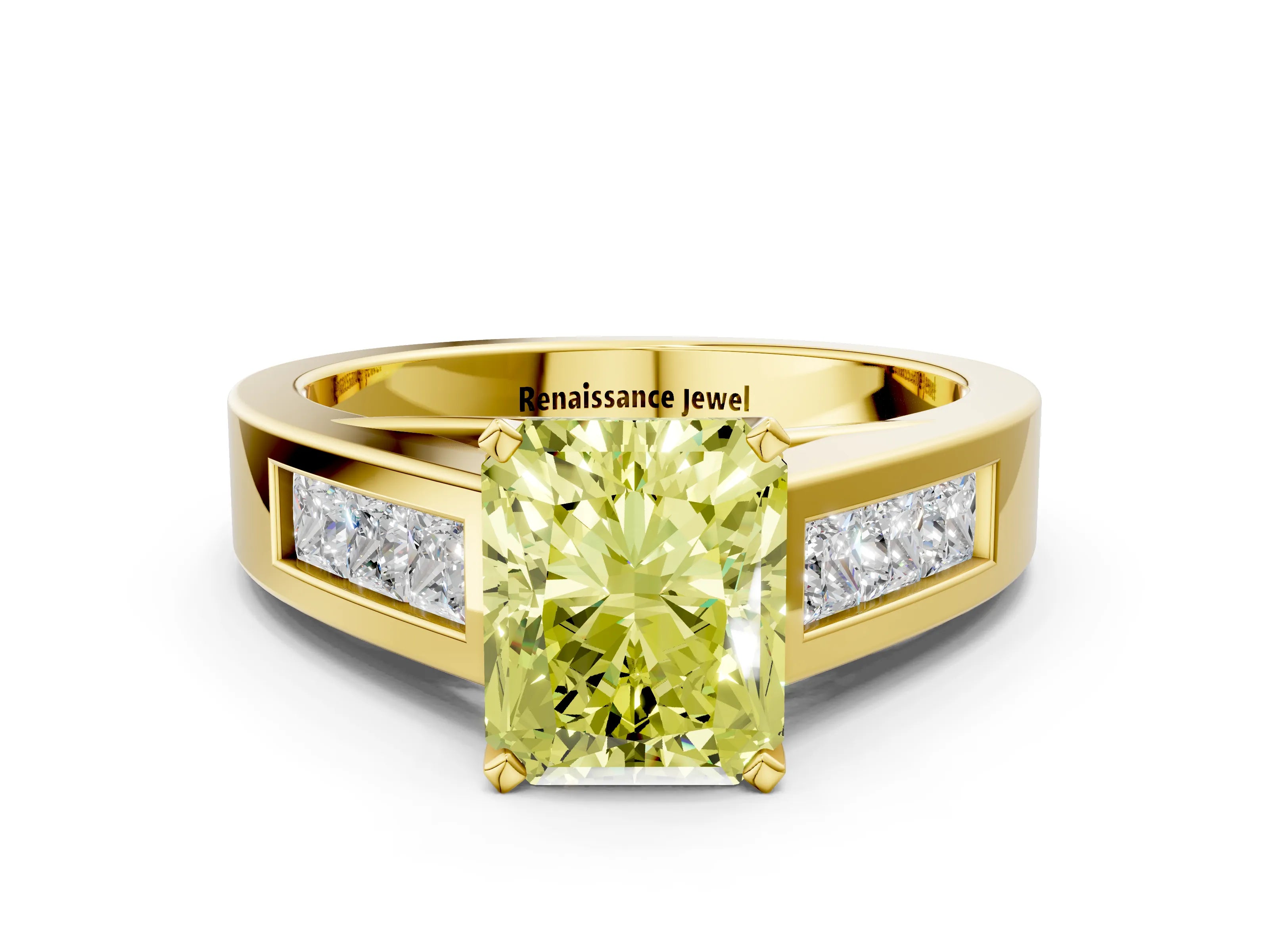 Yellow gold Fancy Yellow Radiant Cut Cut Channel Set Solitaire Ring with Four-Prong Setting