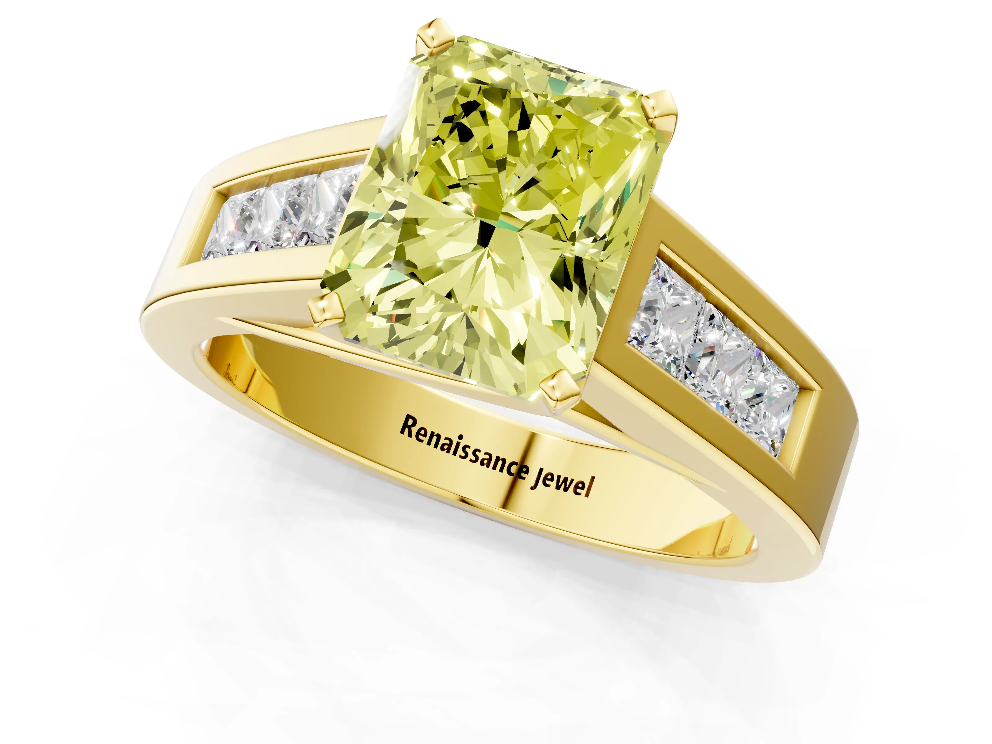 Yellow gold Fancy Yellow Radiant Cut Cut Channel Set Solitaire Ring with Four-Prong Setting_1