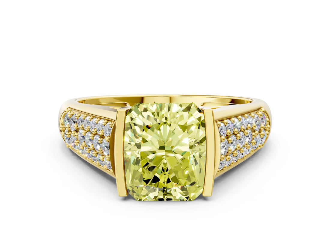 Yellow gold Fancy Yellow Radiant Cut Cut Diamond Channel Set Pave Band with Tension Prong Setting