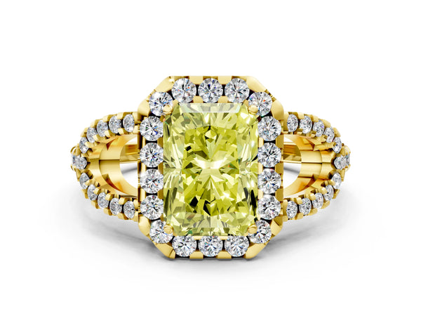 Yellow Gold Radiant Cut Split Shank Pave Halo Engagement Ring Setting for Fancy Yellow Center
