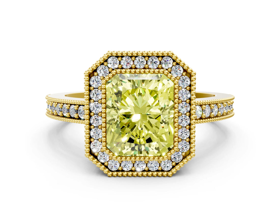 Yellow gold Fancy Yellow Radiant Cut-Cut Diamond Halo Engagement Ring with Pave Band and Prong Setting