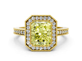 Yellow gold Fancy Yellow Radiant Cut-Cut Diamond Halo Engagement Ring with Pave Band and Prong Setting