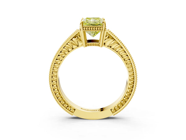 Yellow gold Fancy Yellow Radiant Cut Cut Diamond Milgrain Pave Band Four-Prong Setting Ring