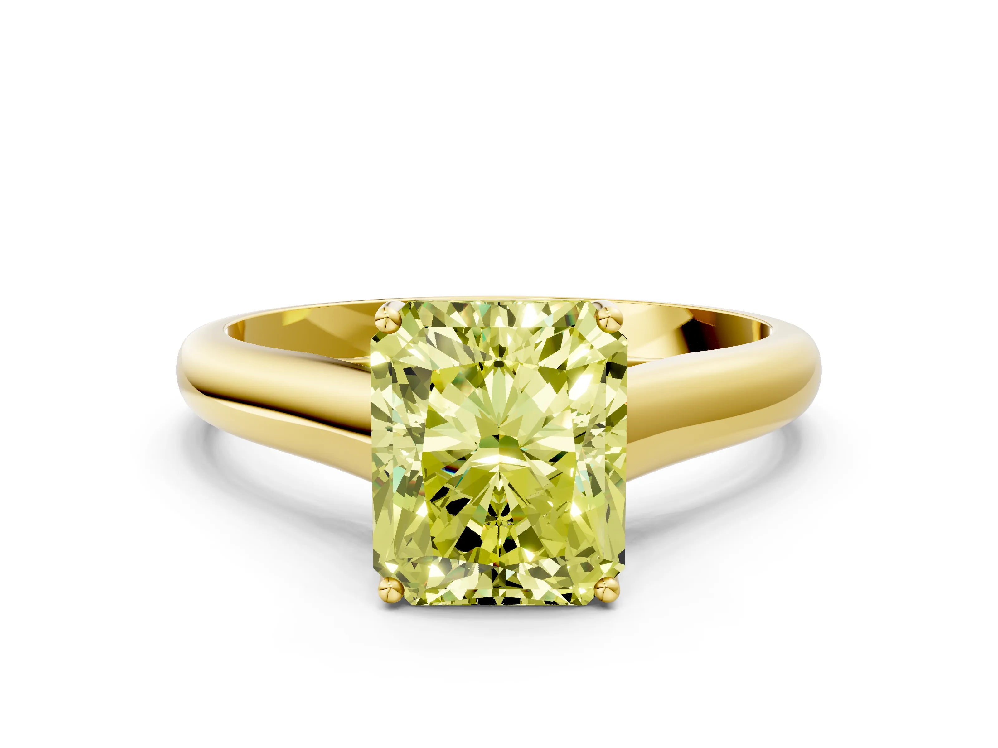 Yellow gold Fancy Yellow Radiant Cut Cut Diamond Solitaire Engagement Ring with Tapered Plain Band and Four-Prong Setting