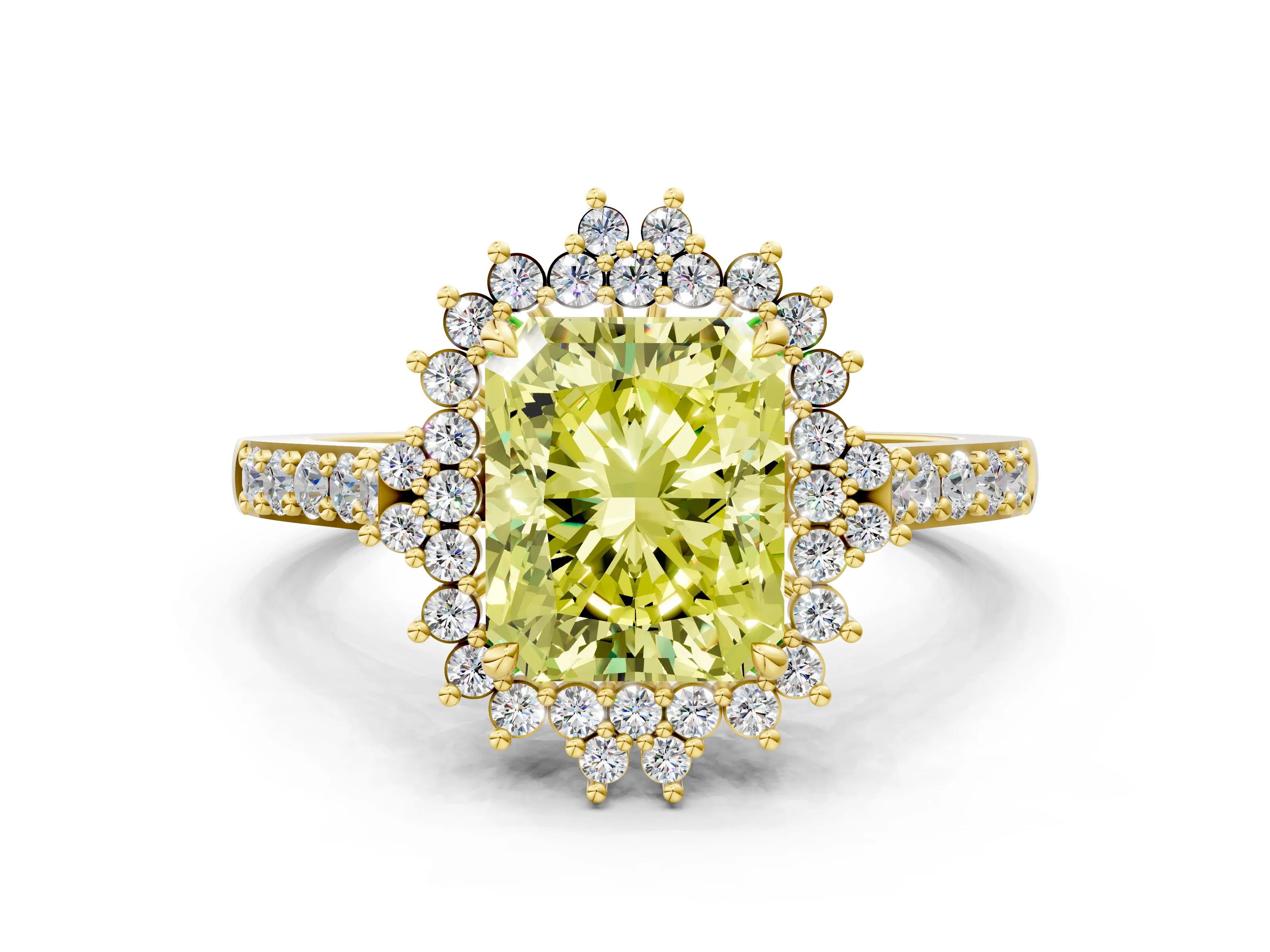 Yellow gold Fancy Yellow Radiant Cut Cut Diamond Sunburst Halo Engagement Ring with Pavé Band