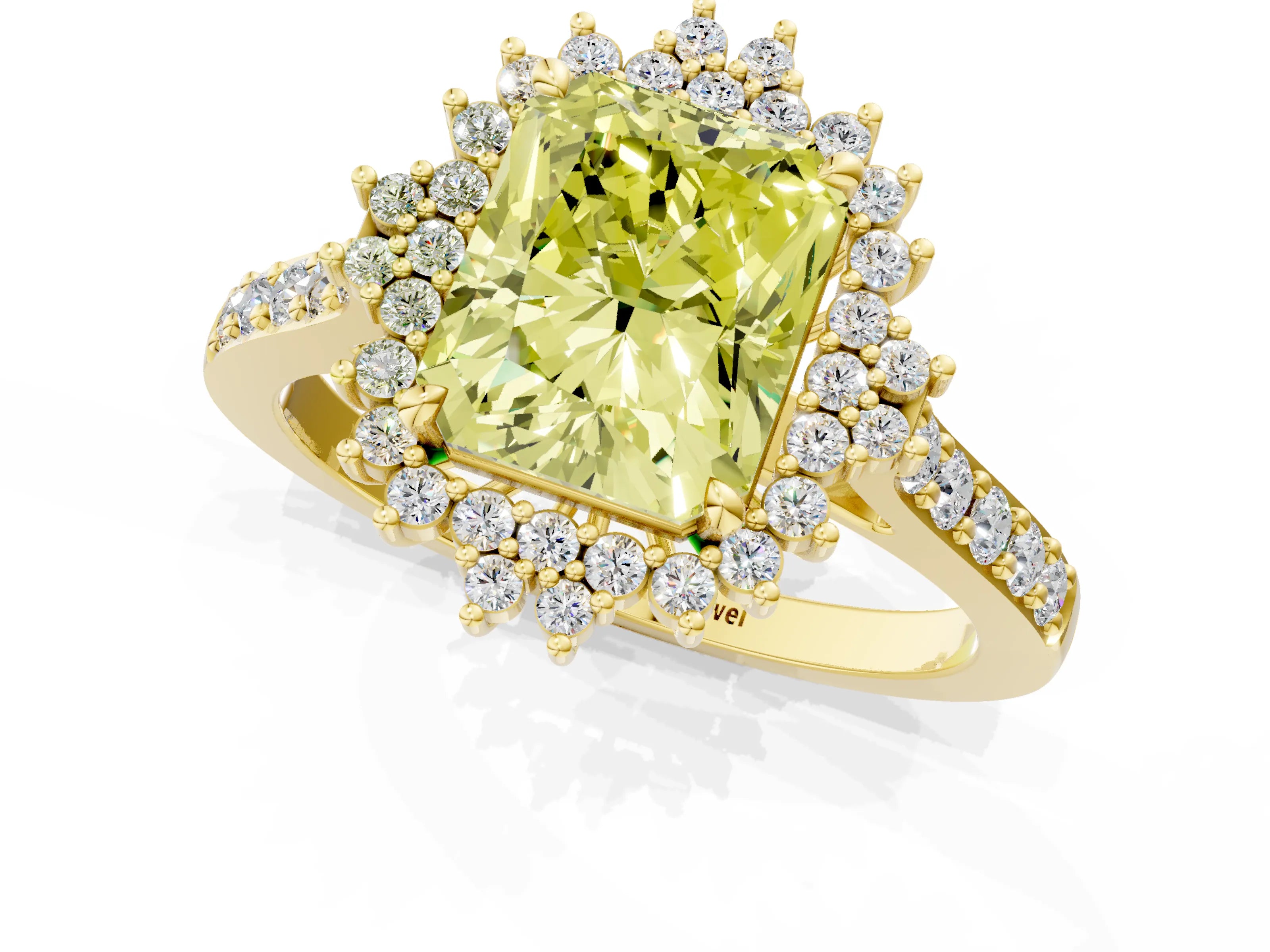 Yellow gold Fancy Yellow Radiant Cut Cut Diamond Sunburst Halo Engagement Ring with Pavé Band_1