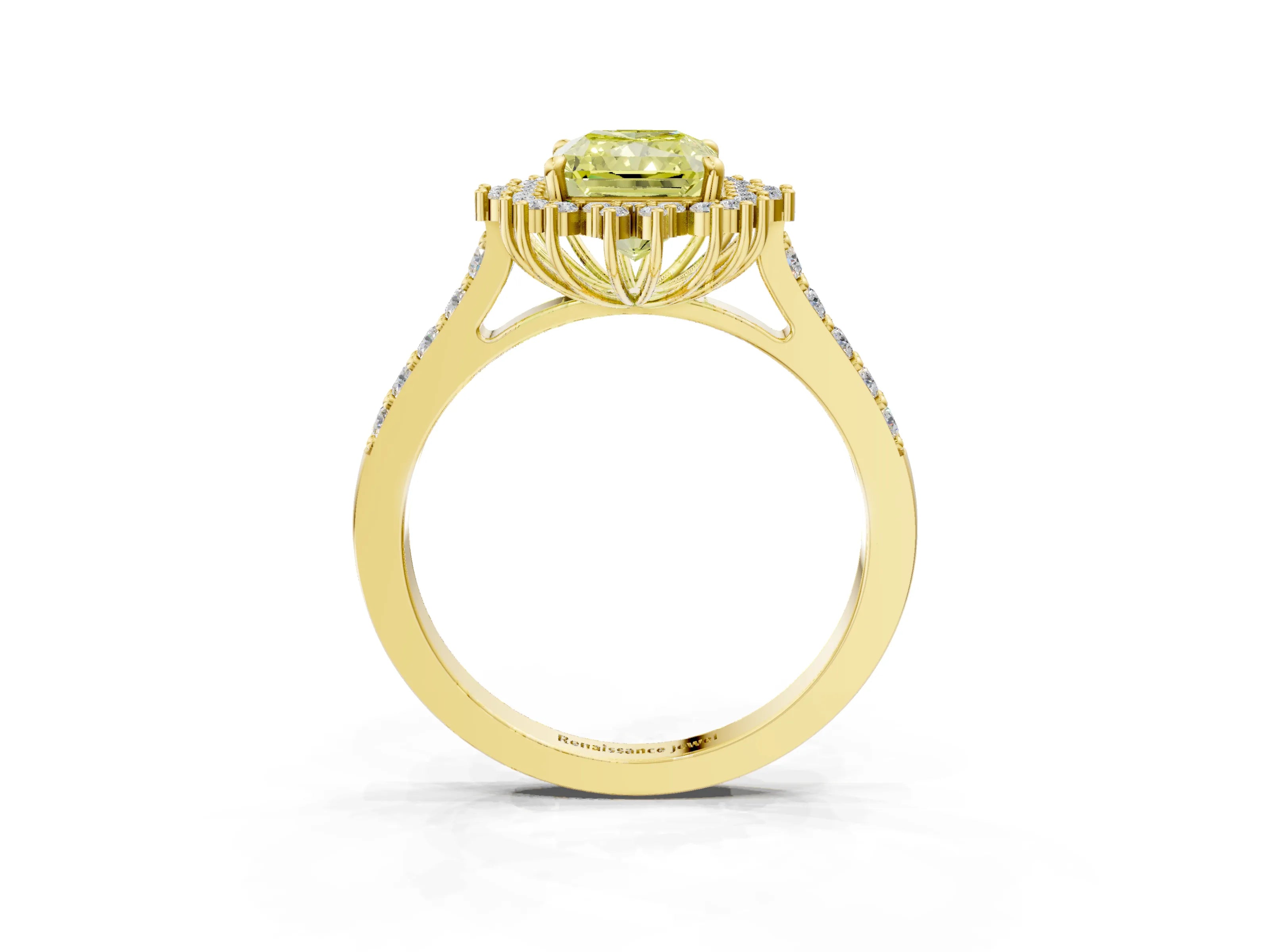 Yellow gold Fancy Yellow Radiant Cut Cut Diamond Sunburst Halo Engagement Ring with Pavé Band_3