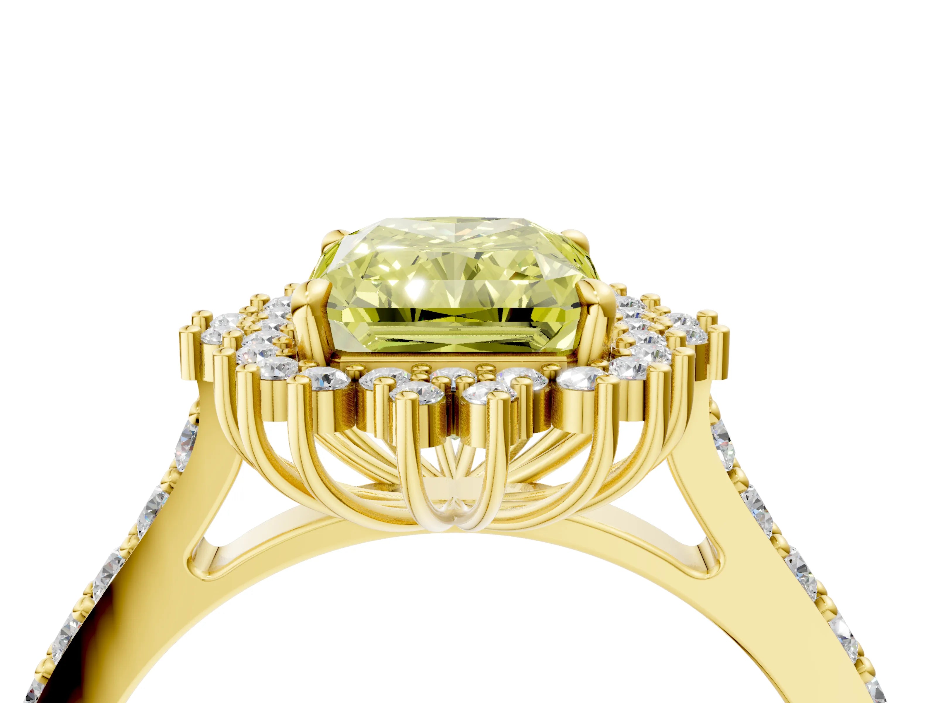 Yellow gold Fancy Yellow Radiant Cut Cut Diamond Sunburst Halo Engagement Ring with Pavé Band_4