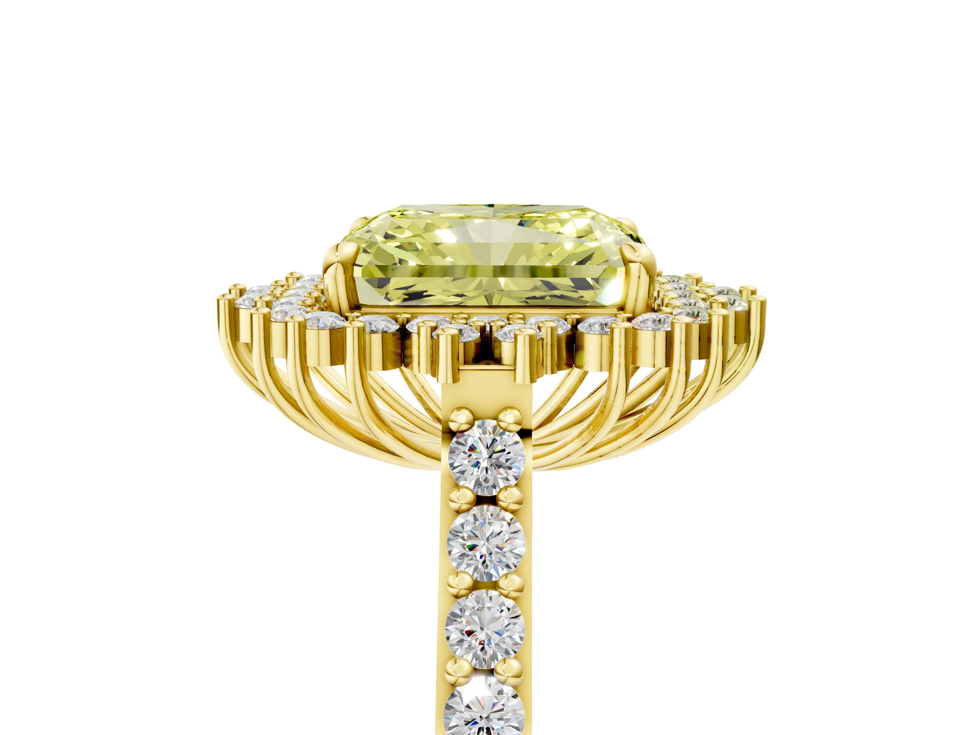 Yellow gold Fancy Yellow Radiant Cut Cut Diamond Sunburst Halo Engagement Ring with Pavé Band_5