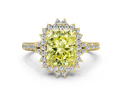 Yellow gold Fancy Yellow Radiant Cut Cut Diamond Sunburst Halo Engagement Ring with Pavé Band