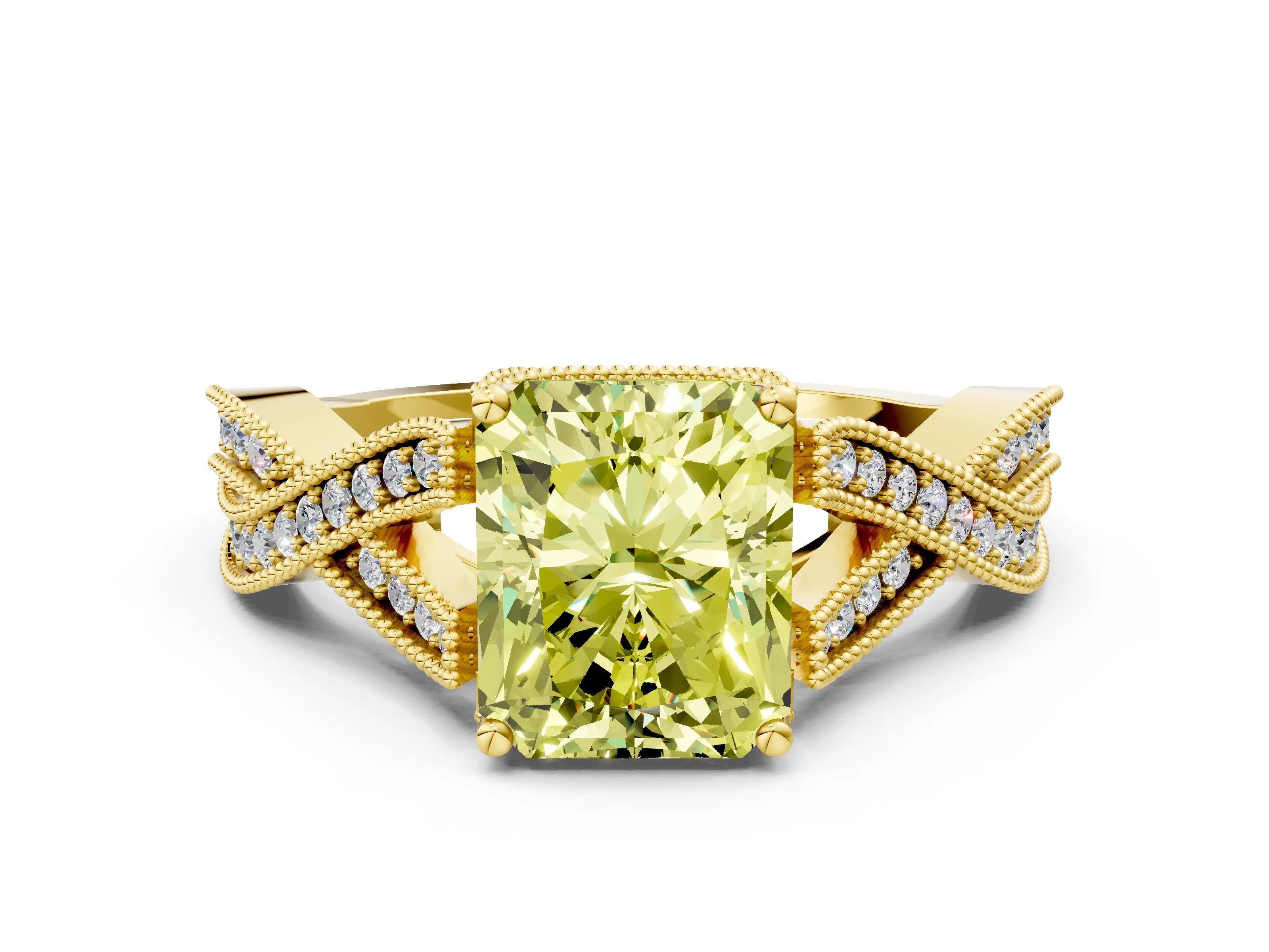 Yellow gold Fancy Yellow Radiant Cut Cut Diamond Twisted Band with Milgrain Pave Setting and Four-Prong Setting