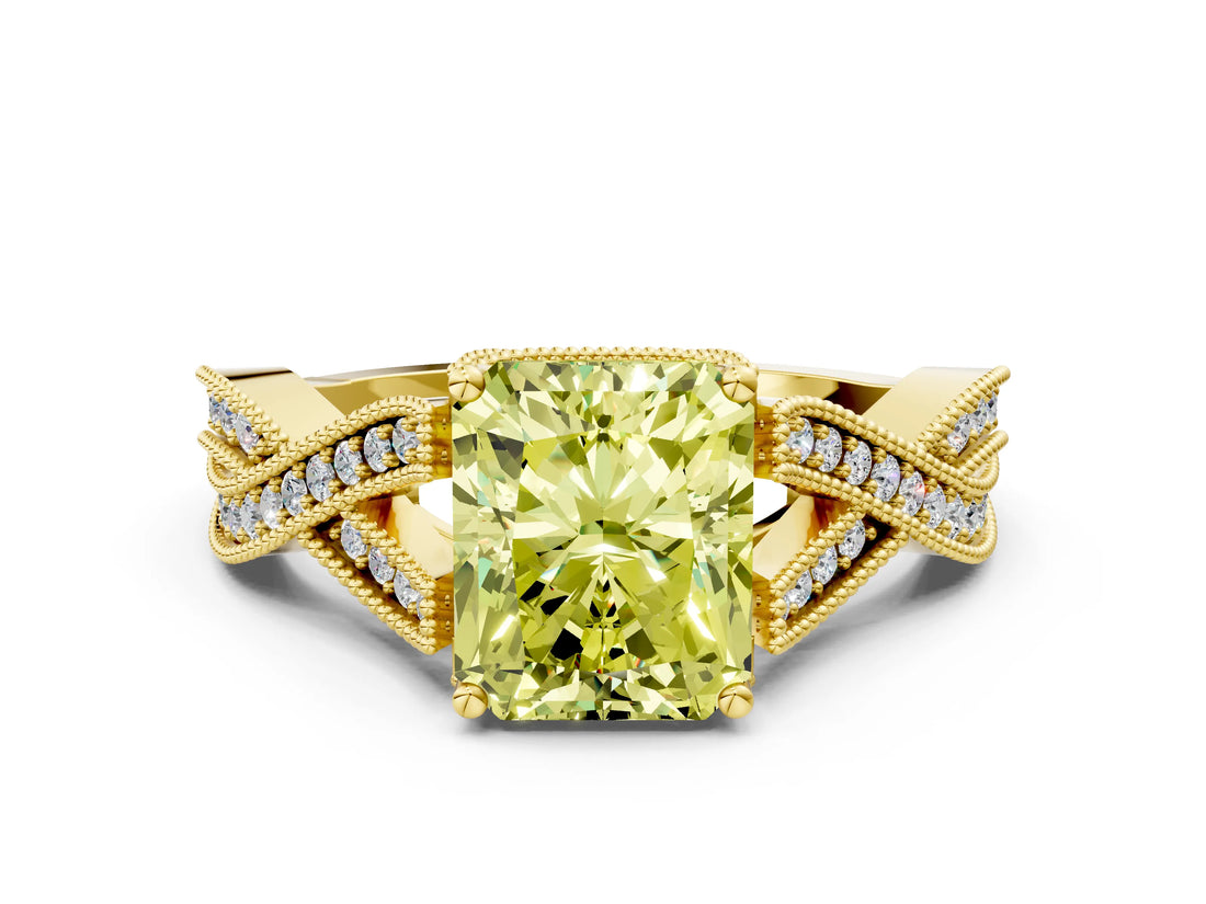 Yellow gold Fancy Yellow Radiant Cut Cut Diamond Twisted Band with Milgrain Pave Setting and Four-Prong Setting