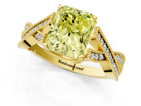 Yellow gold Fancy Yellow Radiant Cut Cut Diamond Twisted Band with Milgrain Pave Setting and Four-Prong Setting_1