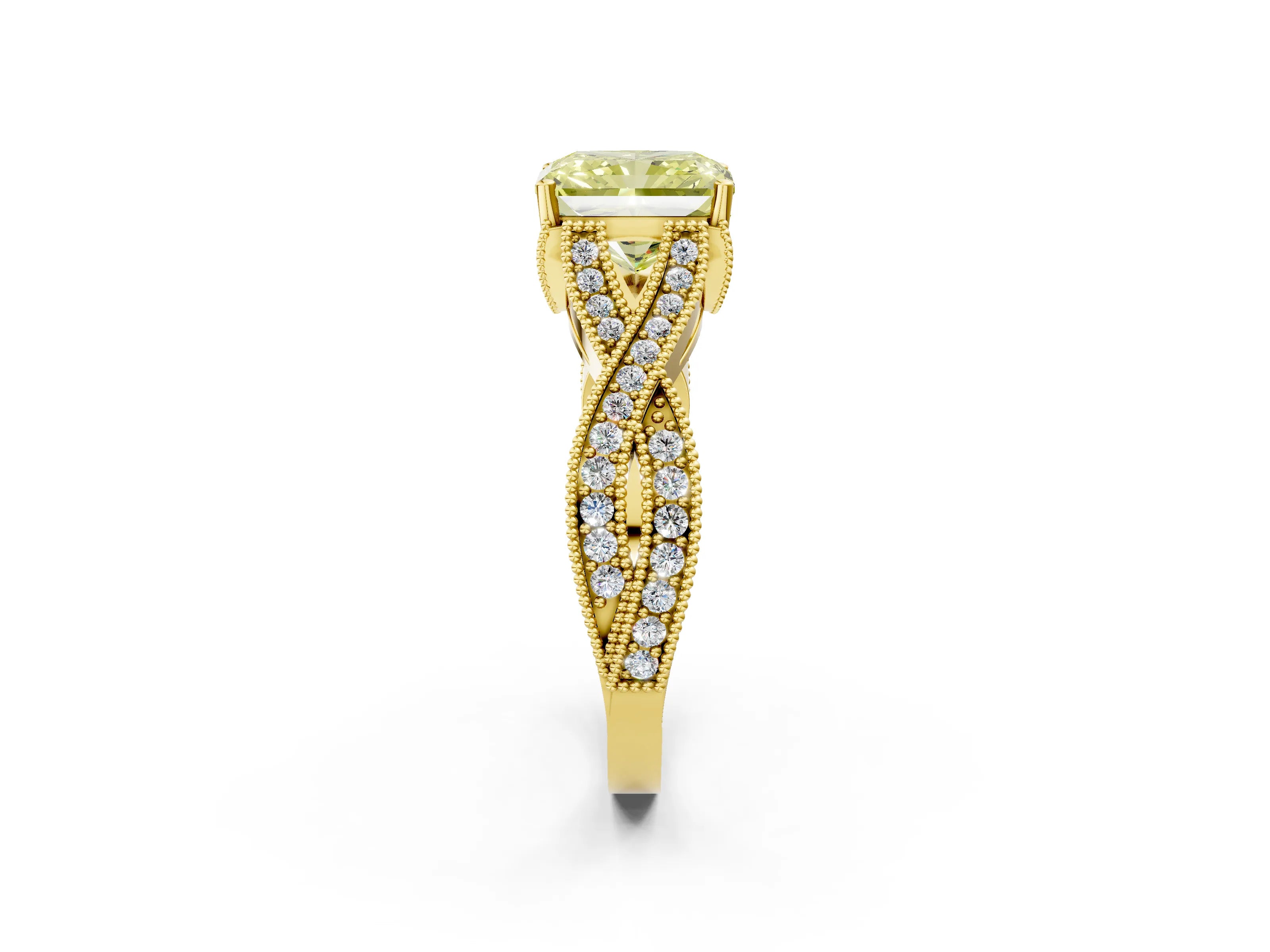 Yellow gold Fancy Yellow Radiant Cut Cut Diamond Twisted Band with Milgrain Pave Setting and Four-Prong Setting_2