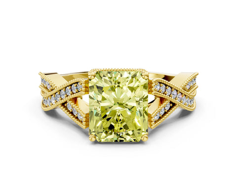 Yellow gold Fancy Yellow Radiant Cut Cut Diamond Twisted Band with Milgrain Pave Setting and Four-Prong Setting