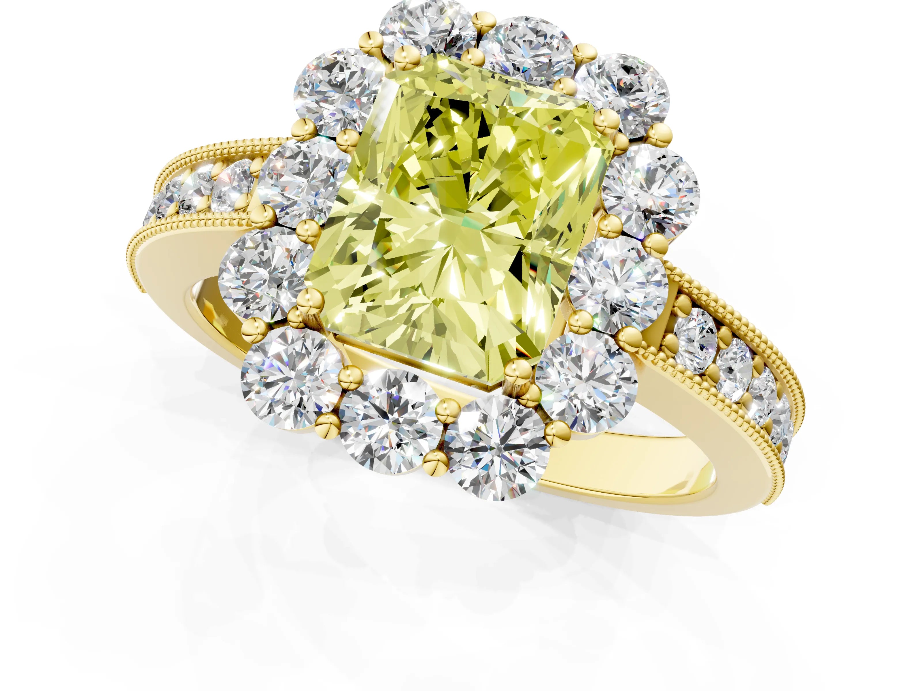 Yellow gold Fancy Yellow Radiant Cut Cut Halo Diamond Pavé Engagement Ring with Milgrain Detailing_1