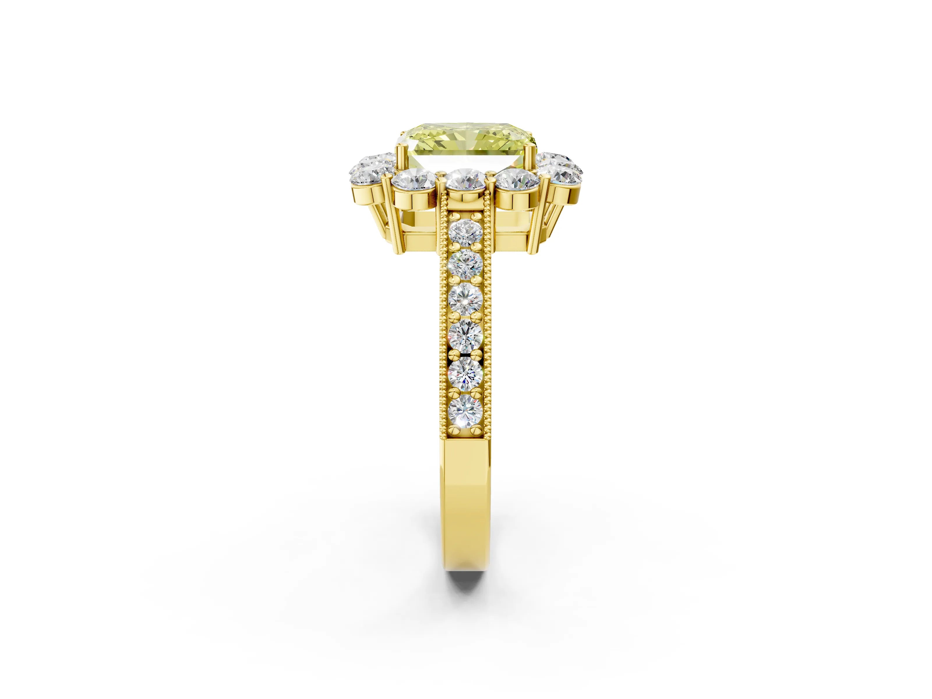 Yellow gold Fancy Yellow Radiant Cut Cut Halo Diamond Pavé Engagement Ring with Milgrain Detailing_2