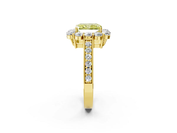 Yellow gold Fancy Yellow Radiant Cut Cut Halo Diamond Pavé Engagement Ring with Milgrain Detailing