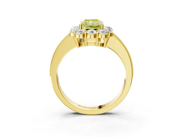 Yellow gold Fancy Yellow Radiant Cut Cut Halo Diamond Pavé Engagement Ring with Milgrain Detailing
