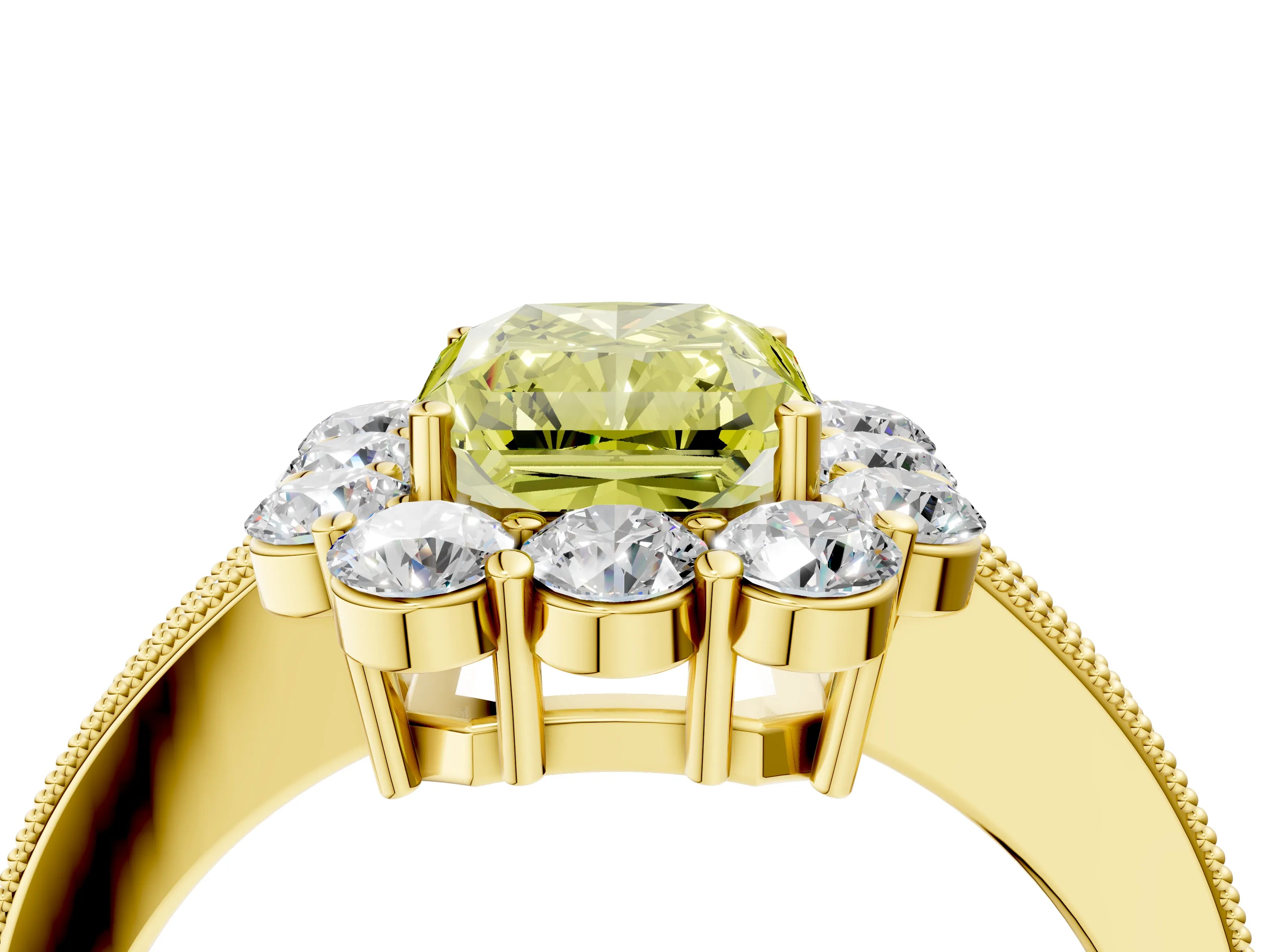 Yellow gold Fancy Yellow Radiant Cut Cut Halo Diamond Pavé Engagement Ring with Milgrain Detailing_4