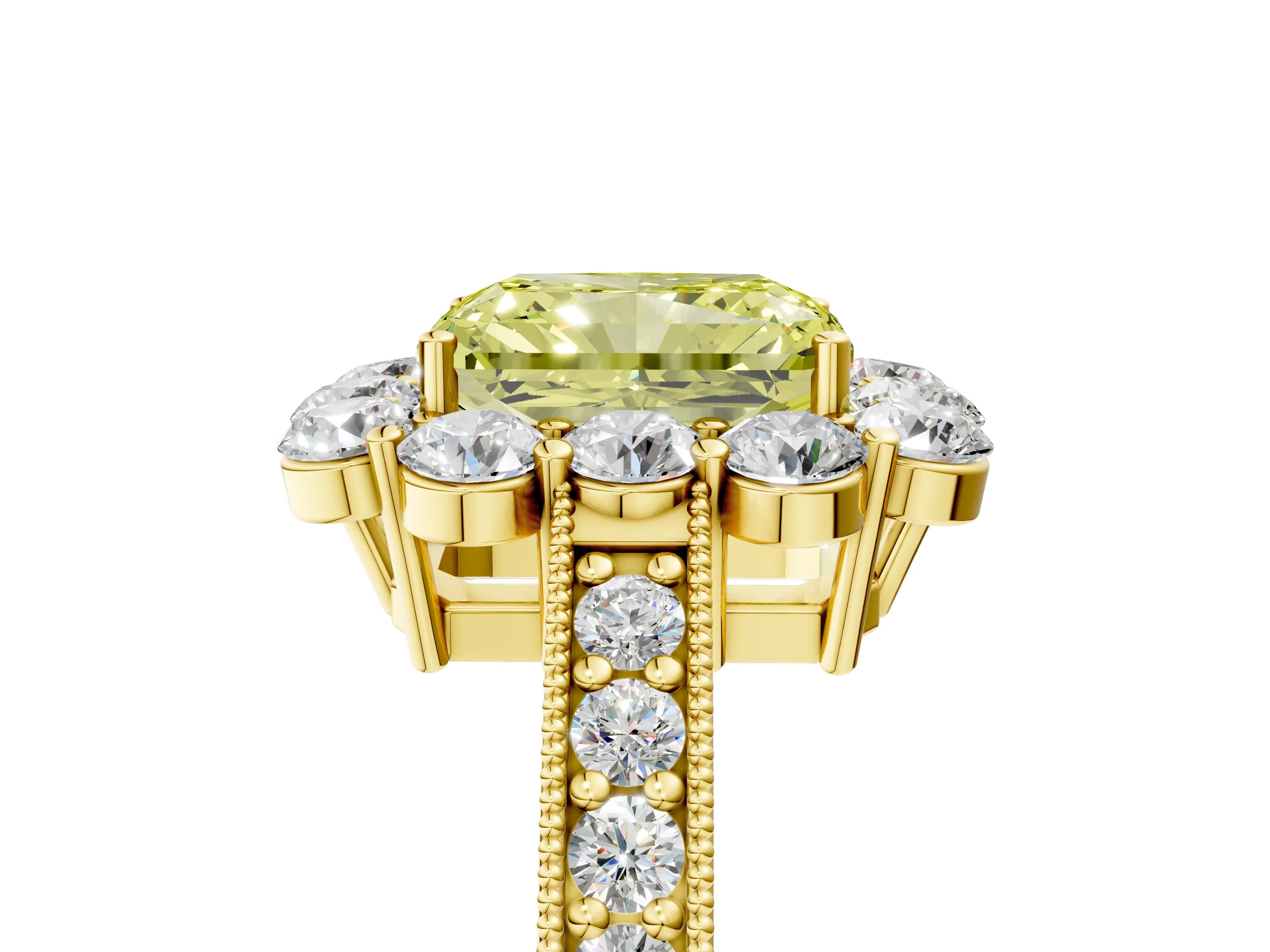 Yellow gold Fancy Yellow Radiant Cut Cut Halo Diamond Pavé Engagement Ring with Milgrain Detailing_5