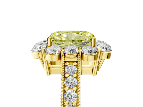 Yellow gold Fancy Yellow Radiant Cut Cut Halo Diamond Pavé Engagement Ring with Milgrain Detailing_5