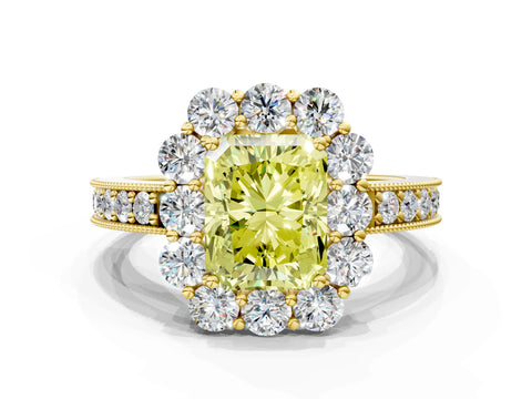 Yellow gold Fancy Yellow Radiant Cut Cut Halo Diamond Pavé Engagement Ring with Milgrain Detailing