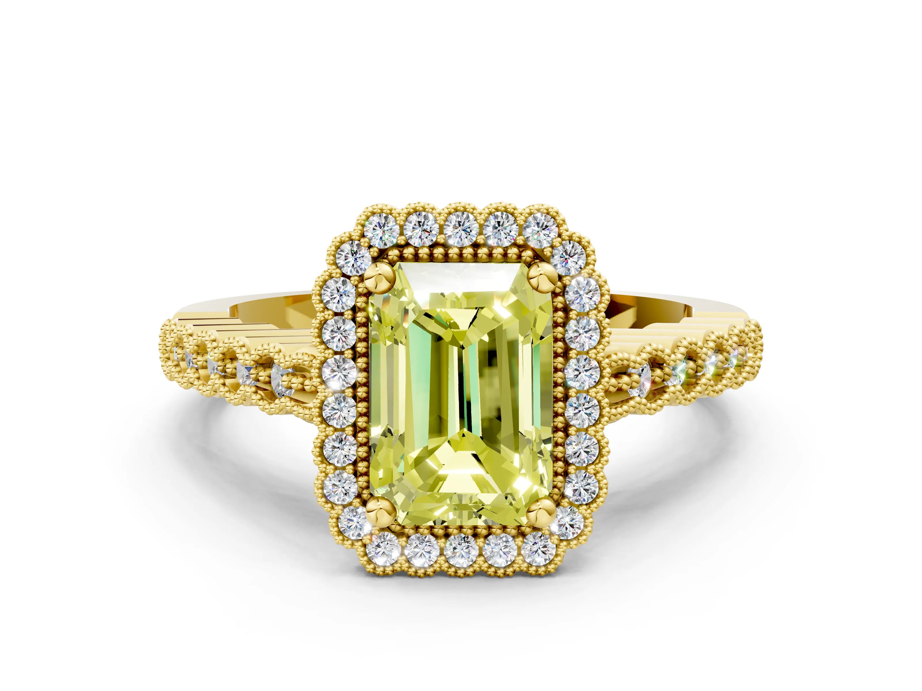 Yellow gold Fancy Yellow Radiant Cut Cut Halo Pavé Solitaire Ring with Milgrain Band