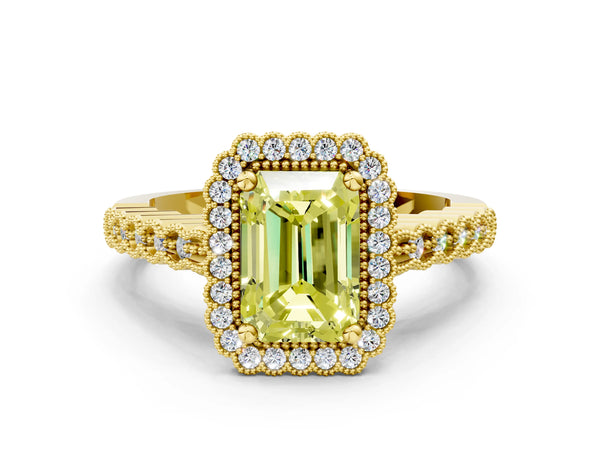 Yellow gold Fancy Yellow Radiant Cut Cut Halo Pavé Solitaire Ring with Milgrain Band