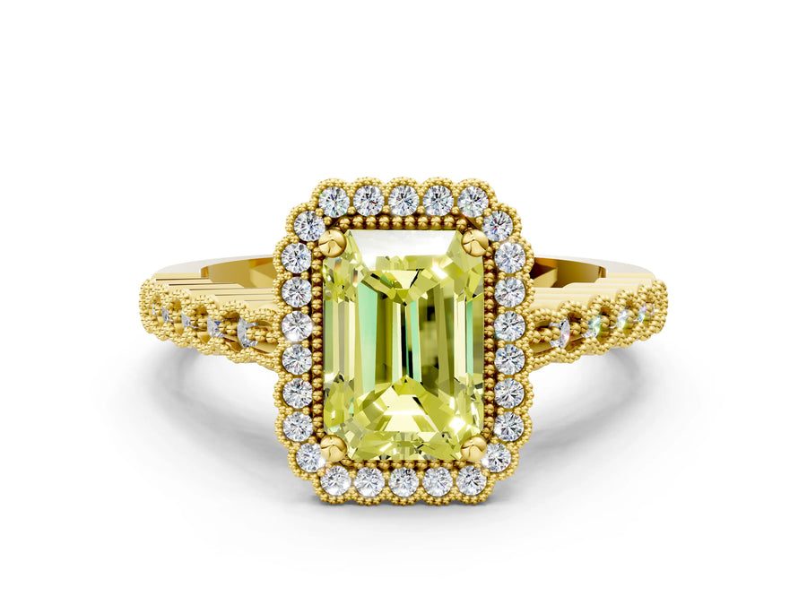 Yellow gold Fancy Yellow Radiant Cut Cut Halo Pavé Solitaire Ring with Milgrain Band
