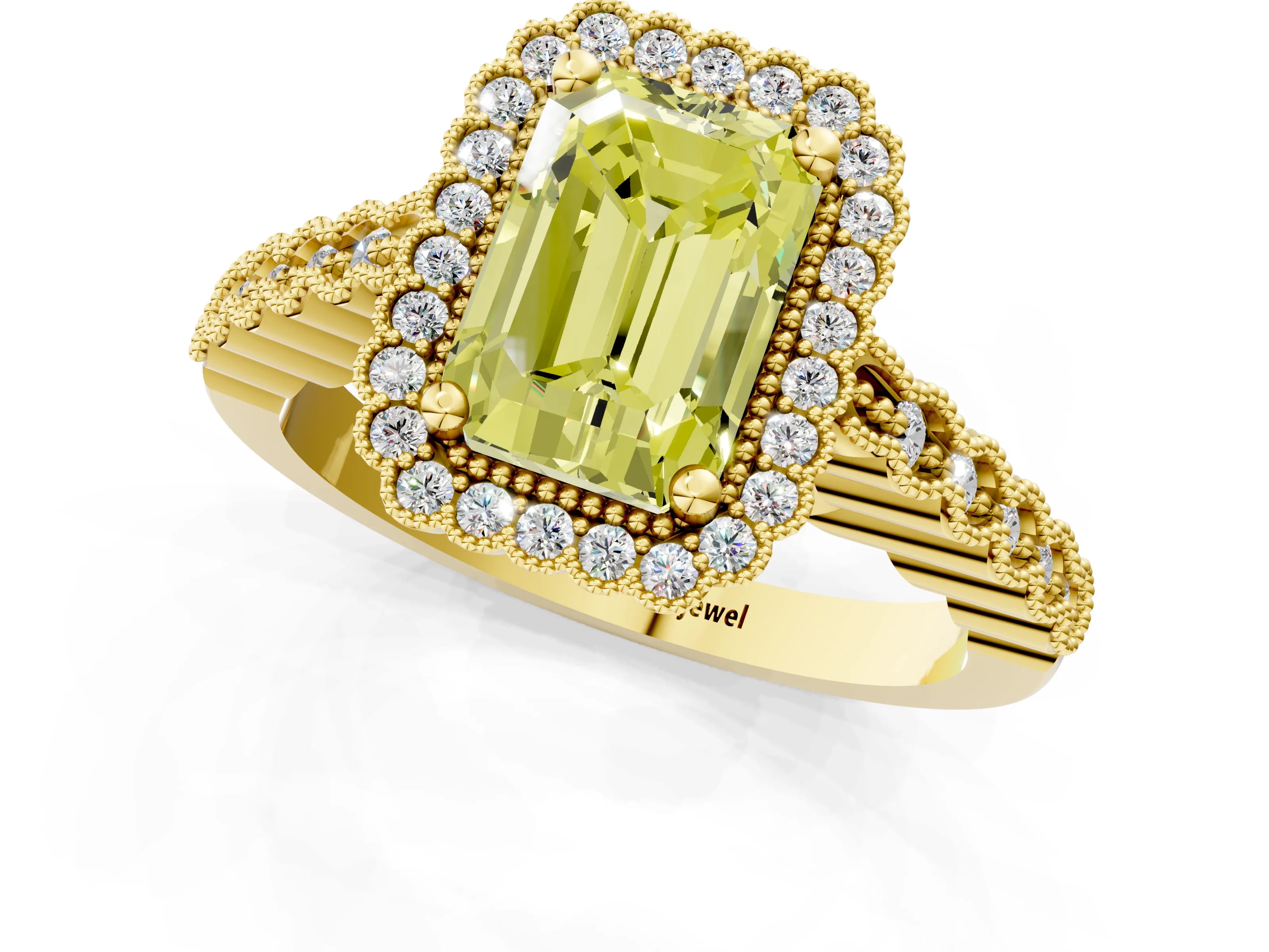 Yellow gold Fancy Yellow Radiant Cut Cut Halo Pavé Solitaire Ring with Milgrain Band_1