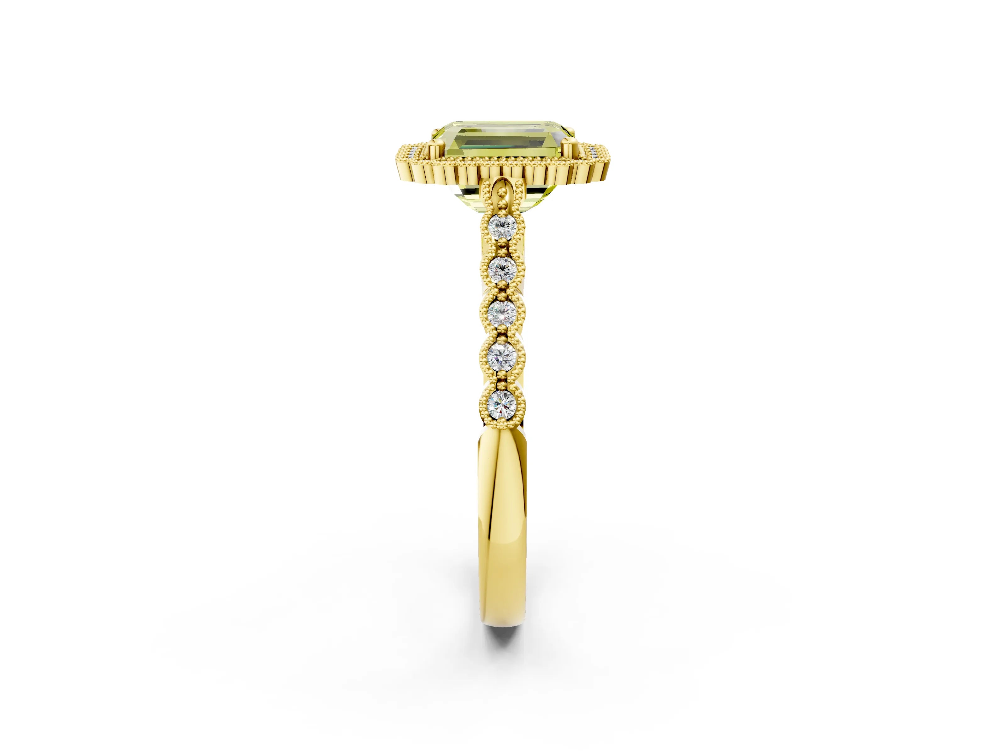 Yellow gold Fancy Yellow Radiant Cut Cut Halo Pavé Solitaire Ring with Milgrain Band_2