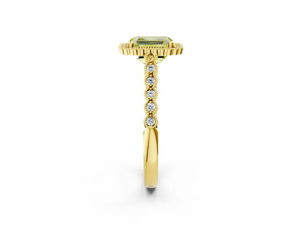Yellow gold Fancy Yellow Radiant Cut Cut Halo Pavé Solitaire Ring with Milgrain Band