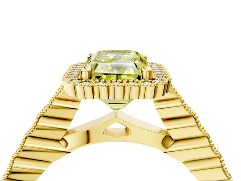 Yellow gold Fancy Yellow Radiant Cut Cut Halo Pavé Solitaire Ring with Milgrain Band_4