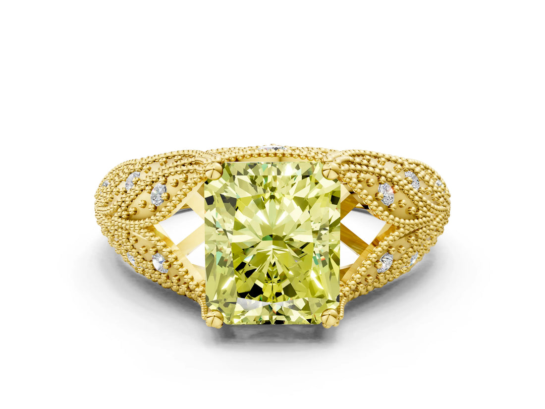 Yellow gold Fancy Yellow Radiant Cut Cut Milgrain Pave Diamond Engagement Ring with Four-Prong Setting_27