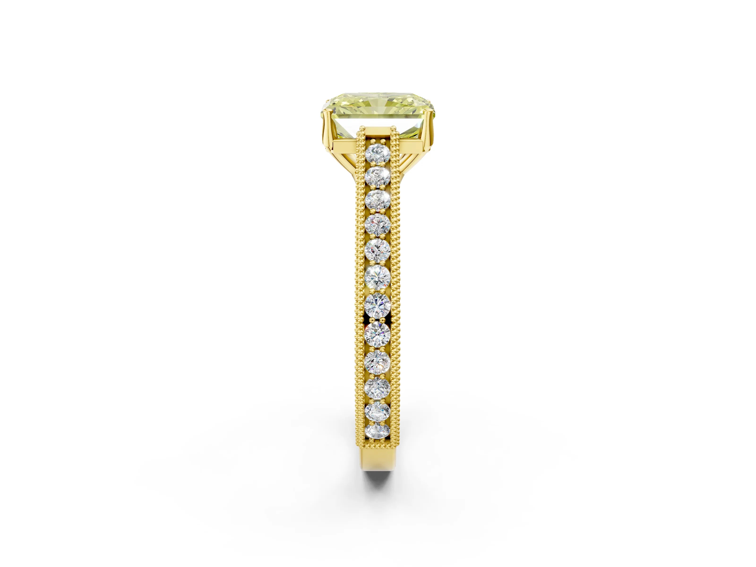 Yellow gold Fancy Yellow Radiant Cut Cut Pave Band Milgrain Solitaire Ring_10